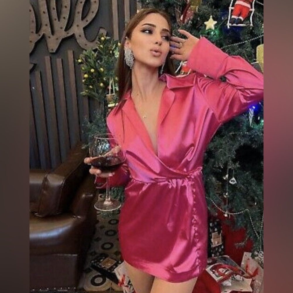 Zara Valentine’s satin pink long sleeve wrap mini dress coctail Wedding party - Picture 6 of 13